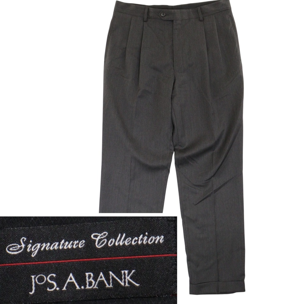 Jos A Bank Dress Pants Pleated Cuffed Signature Collection Gray Wool Men 34x32